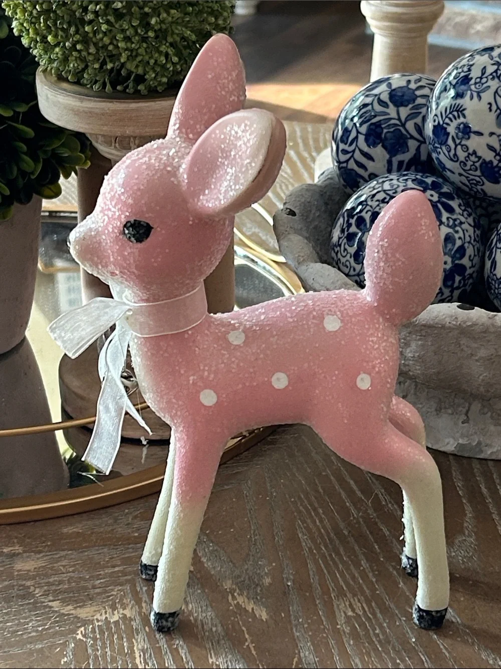 NEW! Vintage Inspired Nostalgic Pink Reindeer Baby Deer Figurine